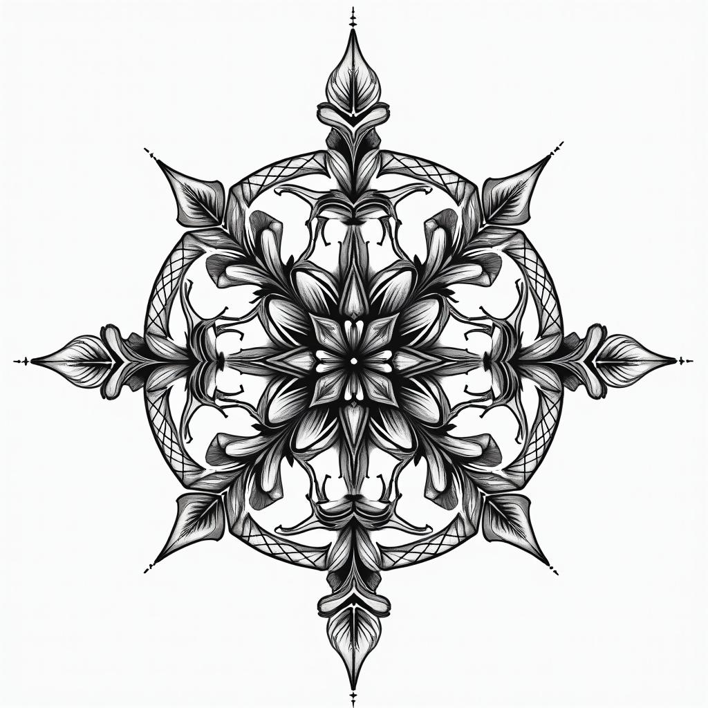 I want a tattoo for the back of Aries, that is symmetrical with geometric figures or sketches in the style of Leonardo da Vinci, surrounded by figures that symbolize the sweep of a radar, that inspires struggle, fire, warrior, strength that is not too heavy and simple for a tattoo artist.in ornamental tattoo style, featuring intricate symmetrical patterns and floral designs, showcasing highly detailed line work and geometric shapes, creating a sense of elegance and balance