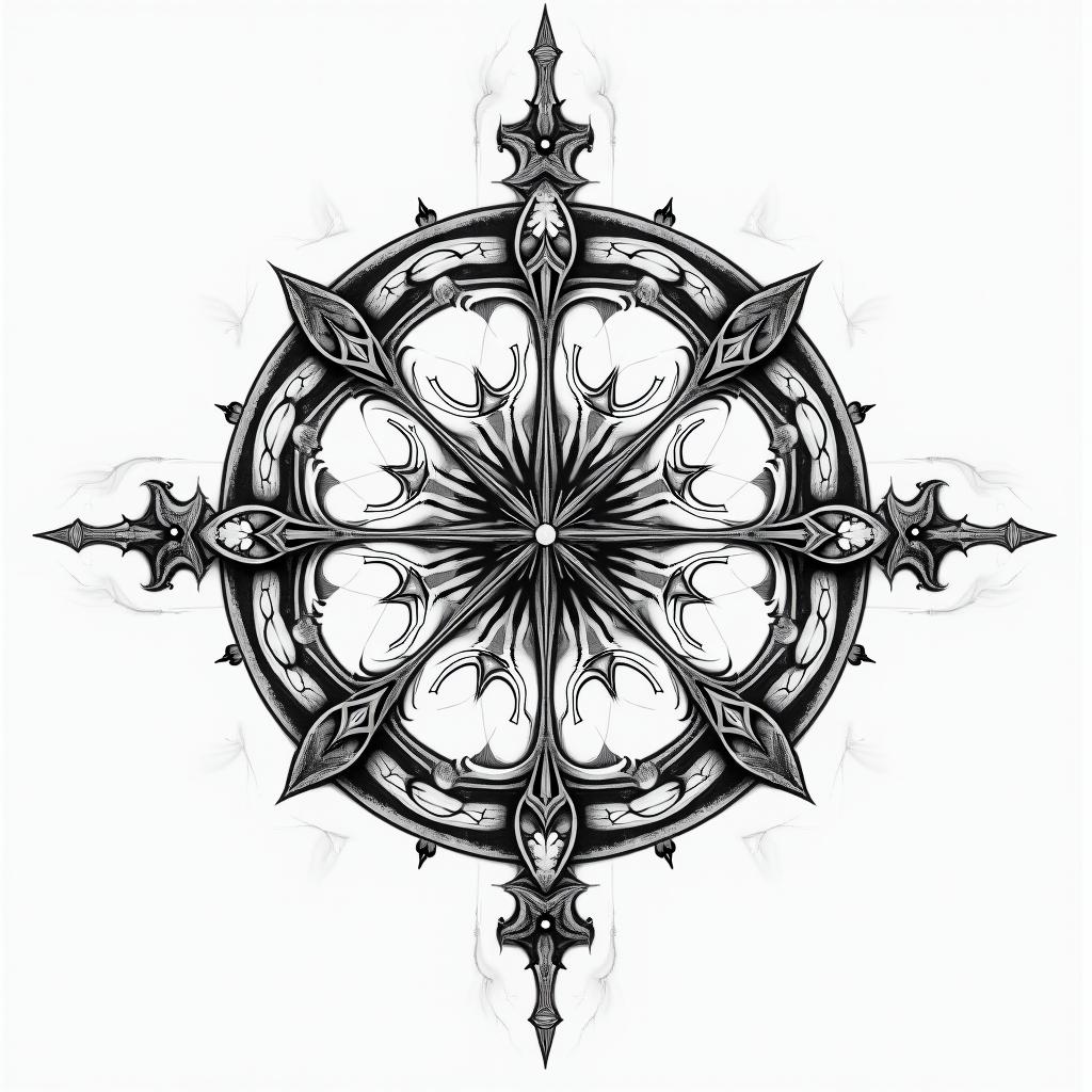 I want a tattoo for the back of Aries, that is symmetrical with geometric figures or sketches in the style of Leonardo da Vinci, surrounded by figures that symbolize the sweep of a radar, that inspires struggle, fire, warrior, strength that is not too heavy and simple for a tattoo artist.in ornamental tattoo style, featuring intricate symmetrical patterns and floral designs, showcasing highly detailed line work and geometric shapes, creating a sense of elegance and balance - Variation 2