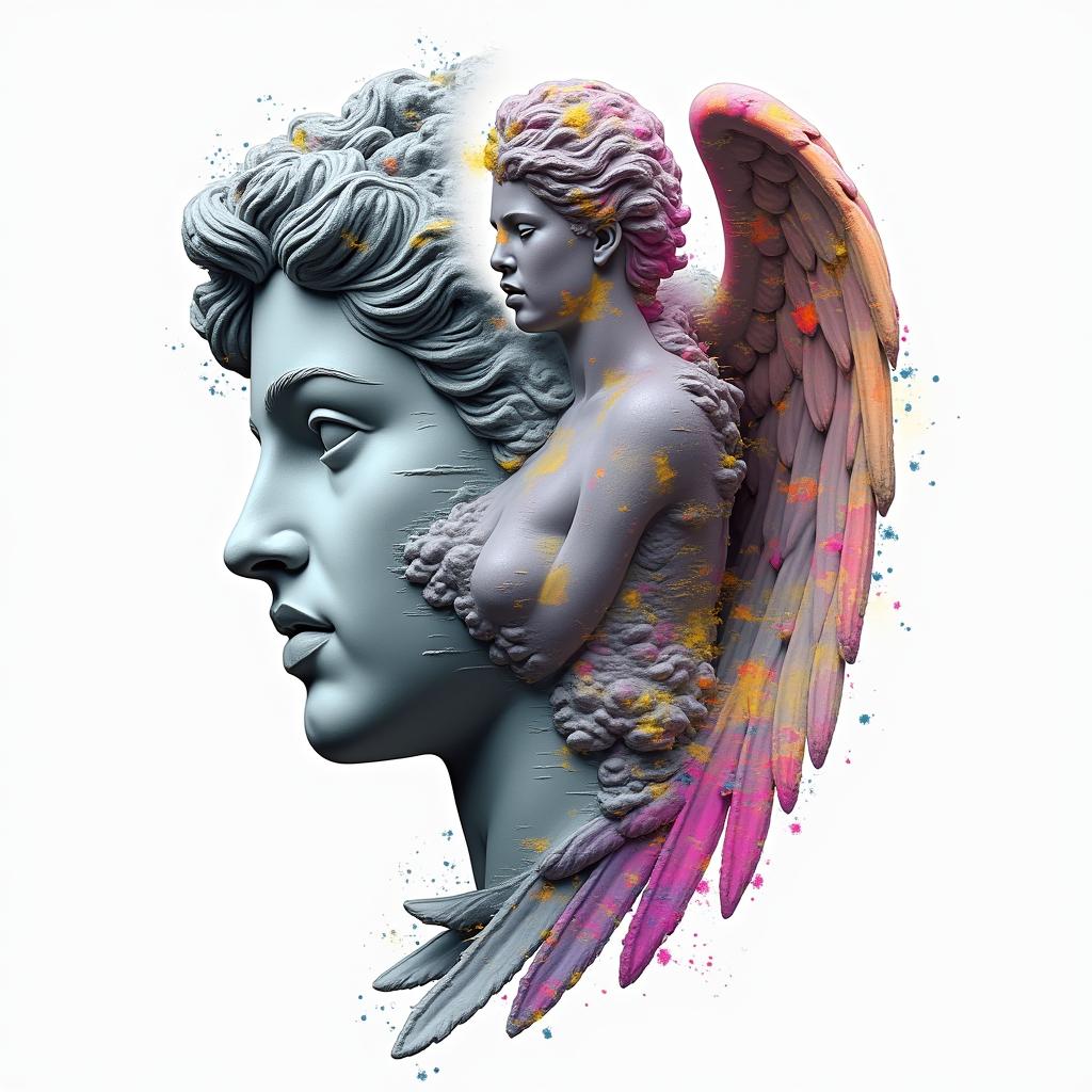 Mermaid Angelin distorted and fragmented tattoo design, featuring a classical statue bust, in a glitch art style with vibrant, overlapping colors of cyan, magenta, and yellow, creating a digital distortion effect - Variation 4