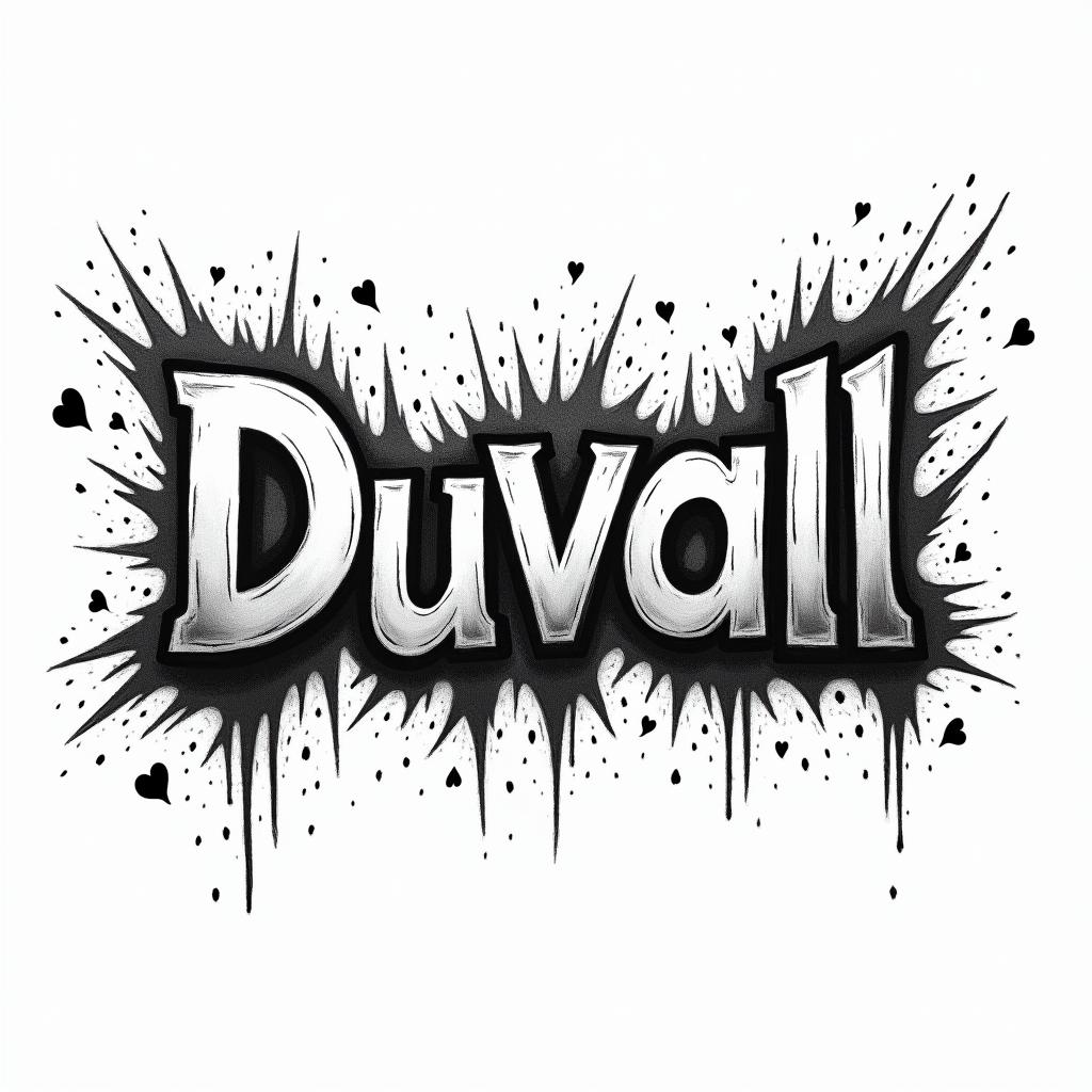 The name Duvall written in graffitiin graffiti style tattoo, featuring bold and dynamic street art elements, spray-paint texture with exaggerated lines and expressive, chaotic brushstrokes, intricate lettering incorporated with graffiti tags, symbols like hearts, stars, and wings - Variation 3