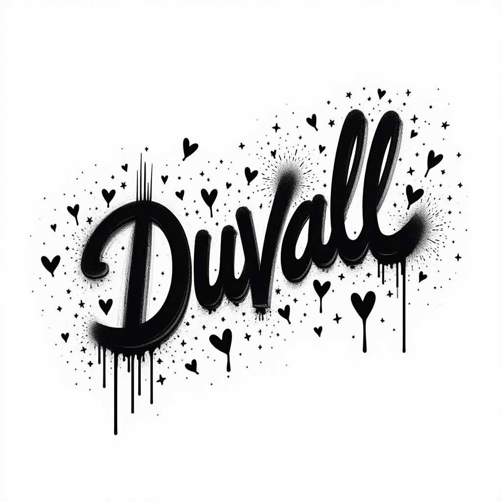 The name Duvall written in graffitiin graffiti style tattoo, featuring bold and dynamic street art elements, spray-paint texture with exaggerated lines and expressive, chaotic brushstrokes, intricate lettering incorporated with graffiti tags, symbols like hearts, stars, and wings