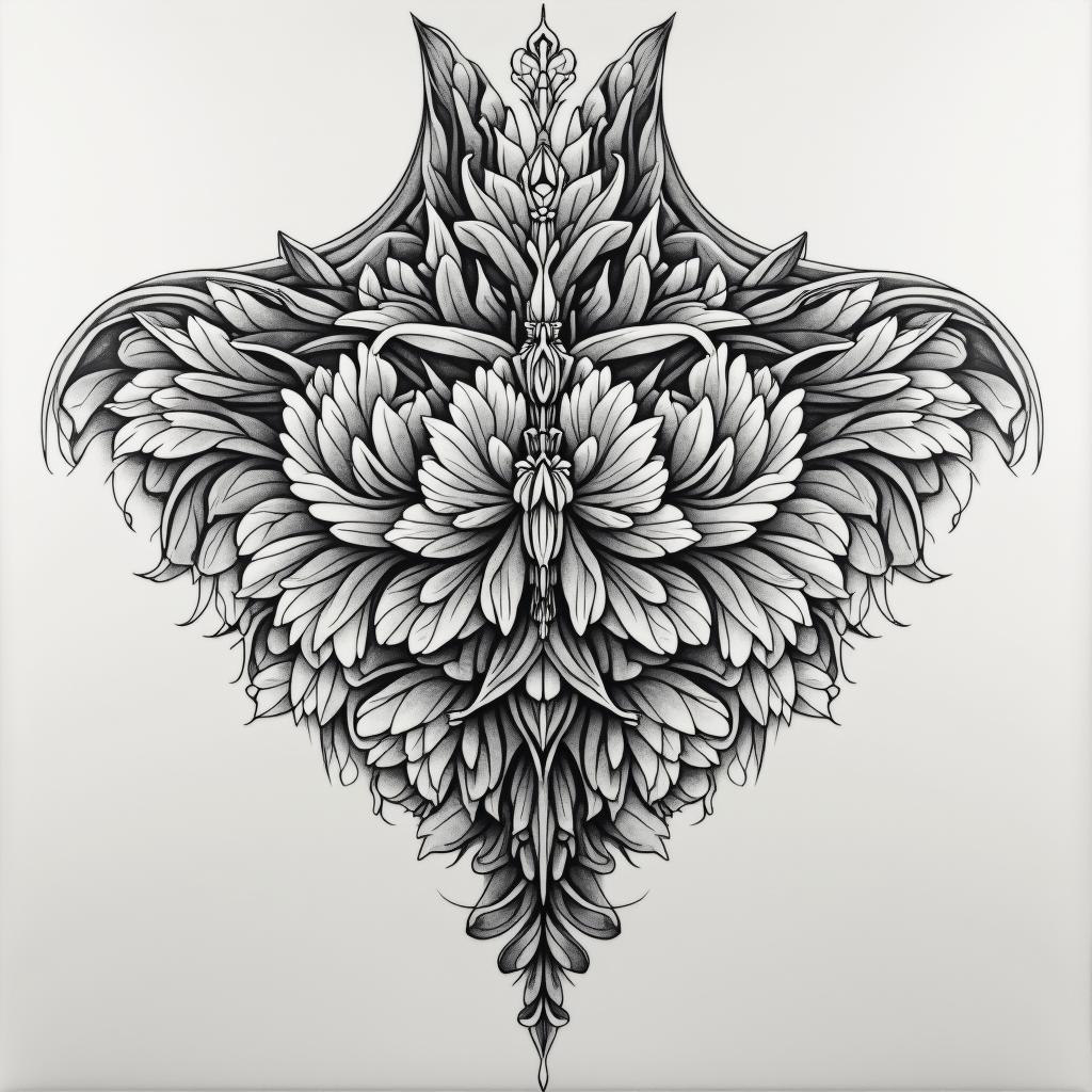 I have a tattoo that goes across my chest from collar bone to the other side it says loyalty and honor but it's messed up what can I do too put something different over it I'm a 34 yr old femalein ornamental tattoo style, featuring intricate symmetrical patterns and floral designs, showcasing highly detailed line work and geometric shapes, creating a sense of elegance and balance - Variation 4