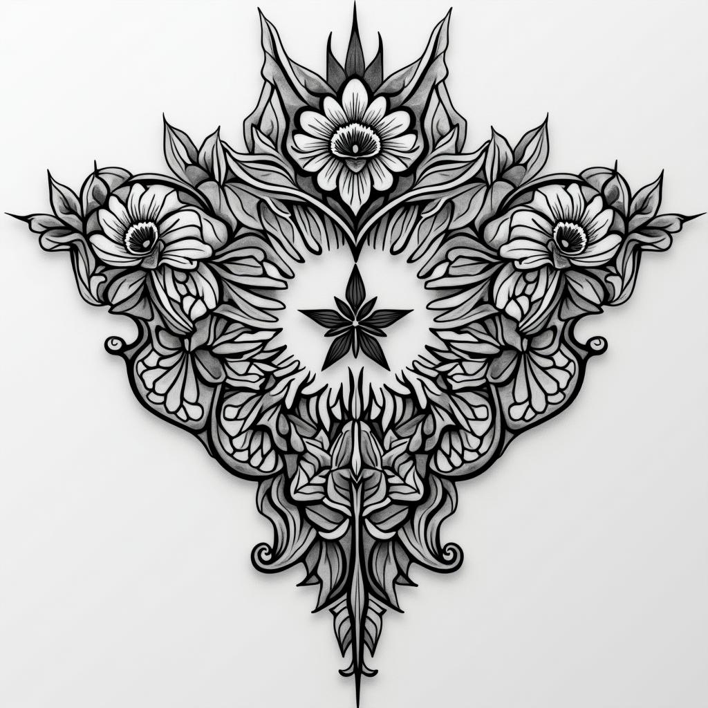 I have a tattoo that goes across my chest from collar bone to the other side it says loyalty and honor but it's messed up what can I do too put something different over it I'm a 34 yr old femalein ornamental tattoo style, featuring intricate symmetrical patterns and floral designs, showcasing highly detailed line work and geometric shapes, creating a sense of elegance and balance - Variation 2