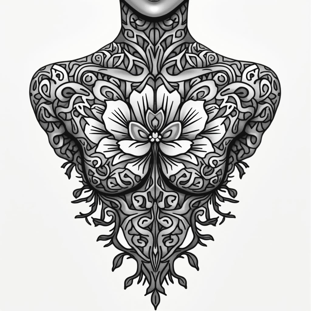 I have a tattoo that goes across my chest from collar bone to the other side it says loyalty and honor but it's messed up what can I do too put something different over it I'm a 34 yr old femalein ornamental tattoo style, featuring intricate symmetrical patterns and floral designs, showcasing highly detailed line work and geometric shapes, creating a sense of elegance and balance