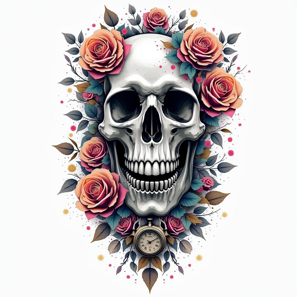 Skull with roses and clock elementsin distorted and fragmented tattoo design, featuring a classical statue bust, in a glitch art style with vibrant, overlapping colors of cyan, magenta, and yellow, creating a digital distortion effect - Variation 3