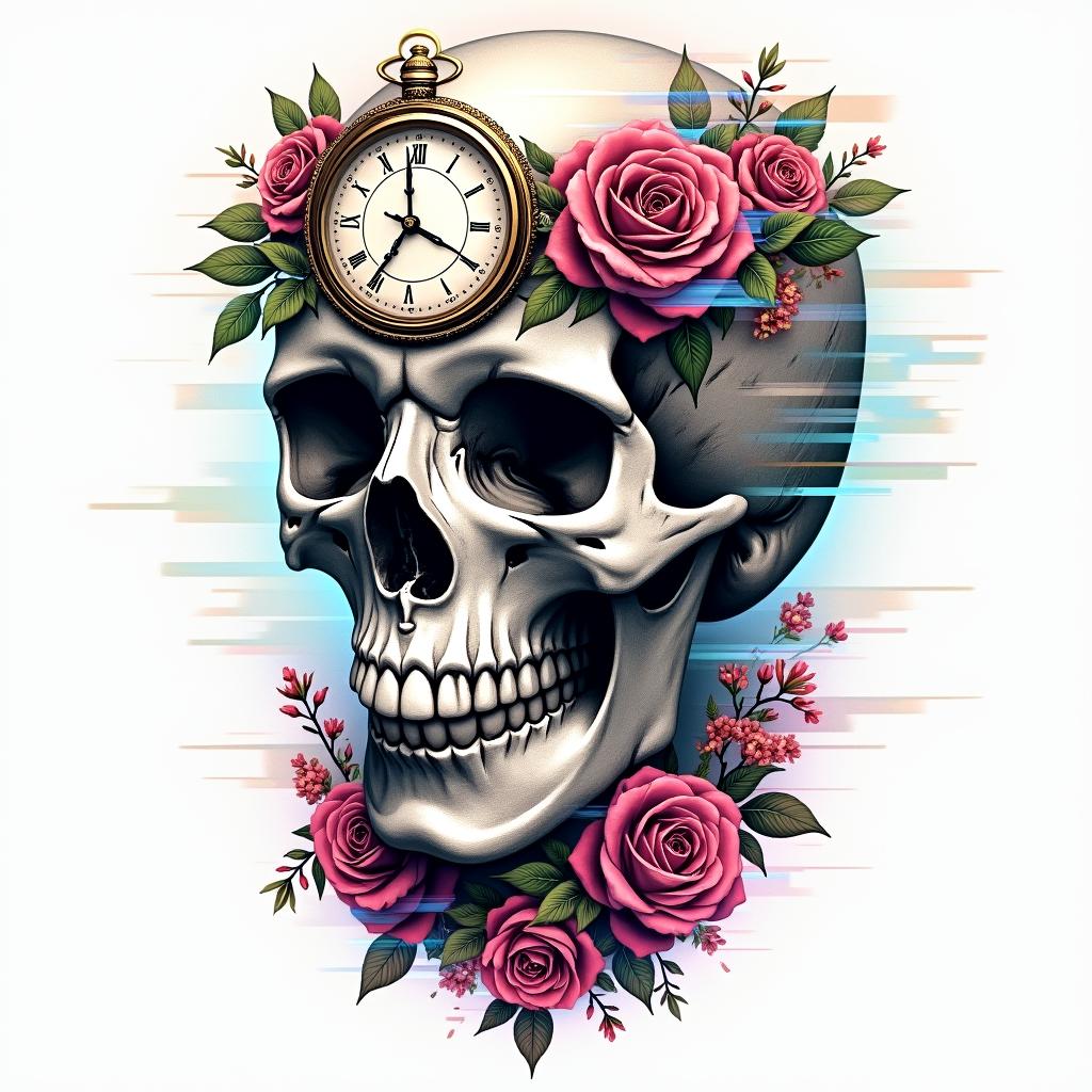 Skull with roses and clock elementsin distorted and fragmented tattoo design, featuring a classical statue bust, in a glitch art style with vibrant, overlapping colors of cyan, magenta, and yellow, creating a digital distortion effect