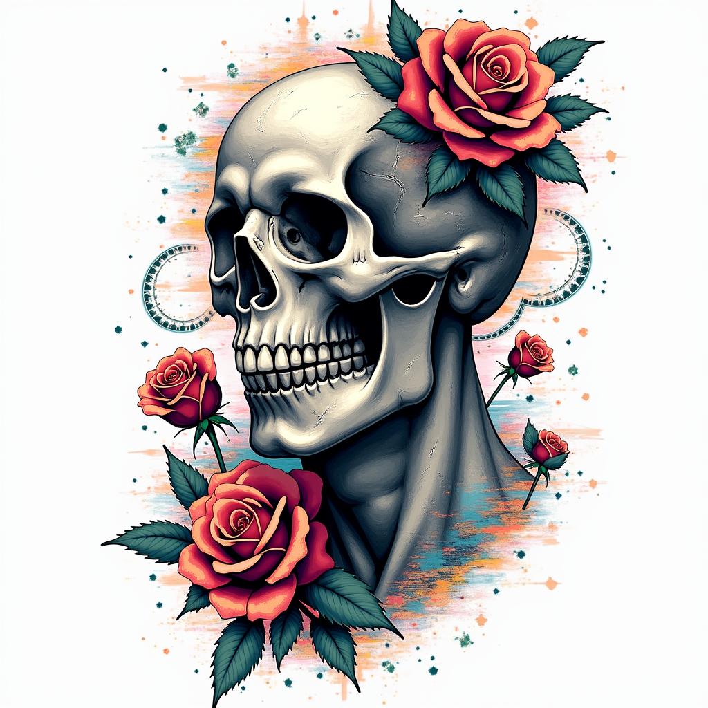Skull with roses and clock elementsin distorted and fragmented tattoo design, featuring a classical statue bust, in a glitch art style with vibrant, overlapping colors of cyan, magenta, and yellow, creating a digital distortion effect - Variation 4
