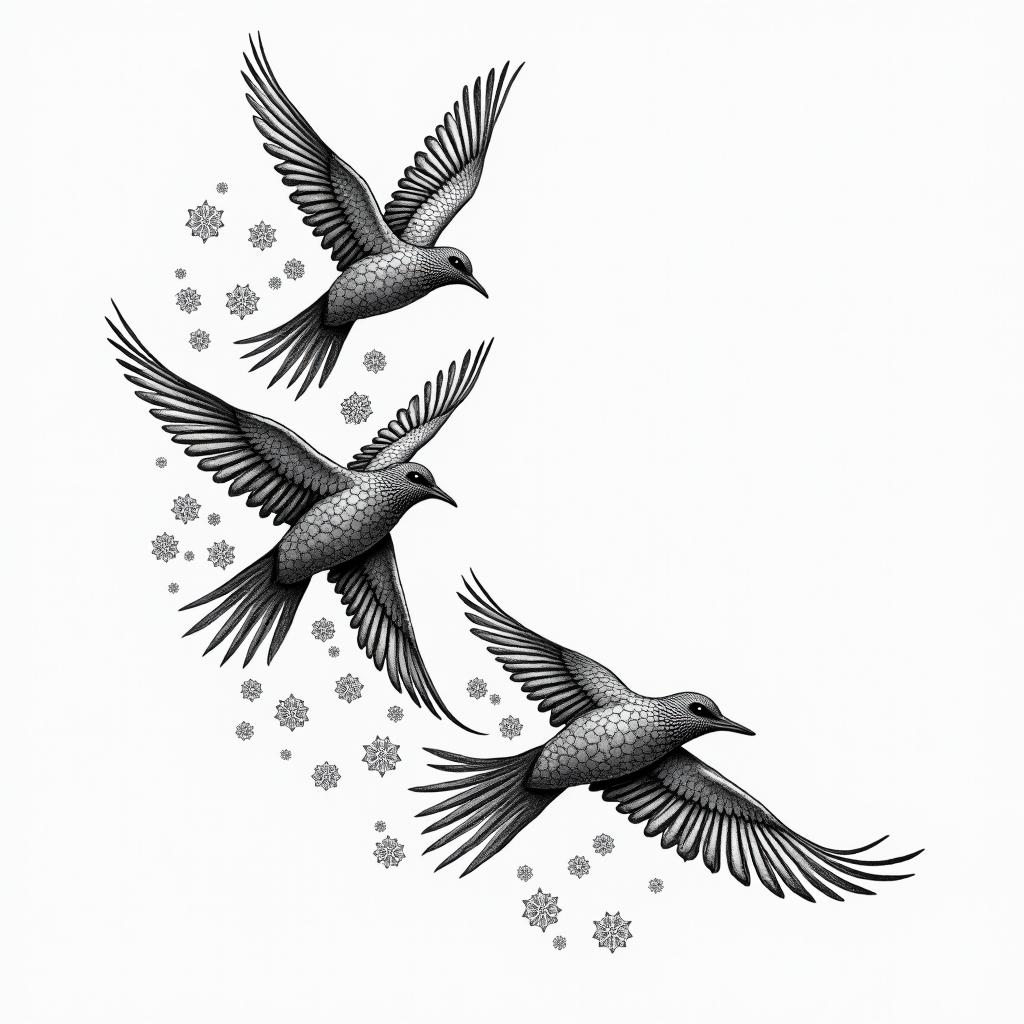 “It’s a leap of faith” with flying birds in geometric style tattoo, blending hexagons, mandala-inspired patterns, symmetrical and fractal design, clean lines, sharp angles - Variation 2