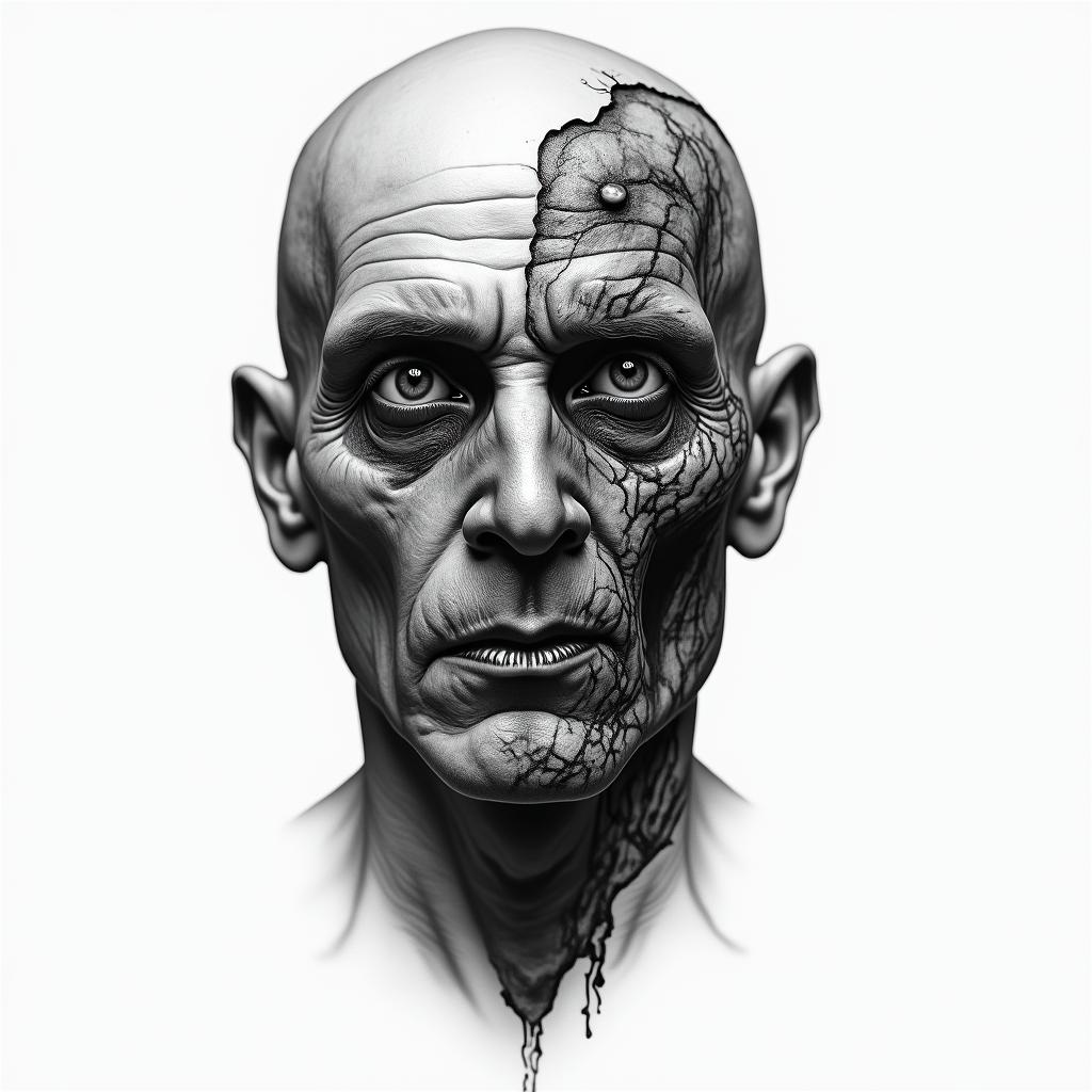 A man’s face. Half human half zombiein portrait tattoo style, featuring a highly realistic and detailed depiction 