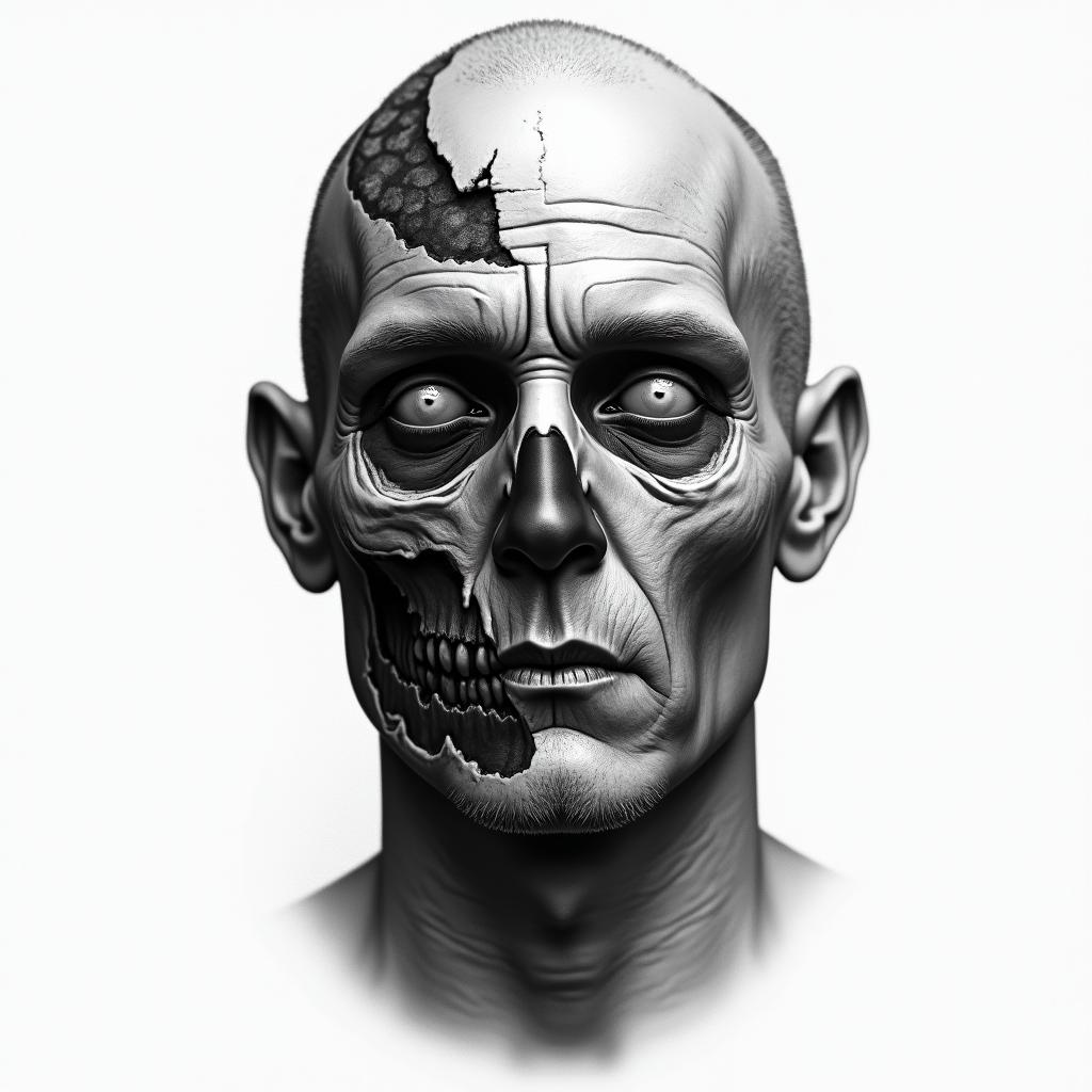 A man’s face. Half human half zombiein portrait tattoo style, featuring a highly realistic and detailed depiction - Variation 2
