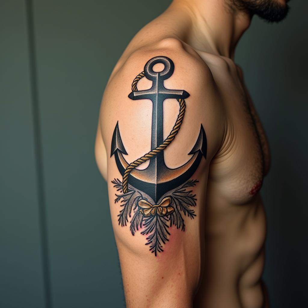 Anchor with nautical rope and compasshigly detailed tattoo - Variation 17