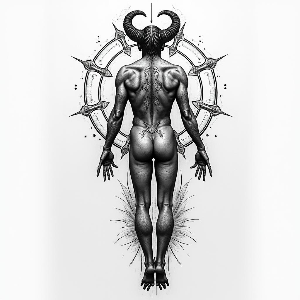 I want a tattoo for my back of Aries, that is symmetrical with geometric shapes or sketches in the style of Leonardo Da Vinci, surrounded by figures that symbolize the sweep of a radar, that inspire struggle, fire, warrior, strength, that is not very heavy and simple for a tattoo artist.in portrait tattoo style, featuring a highly realistic and detailed depiction 