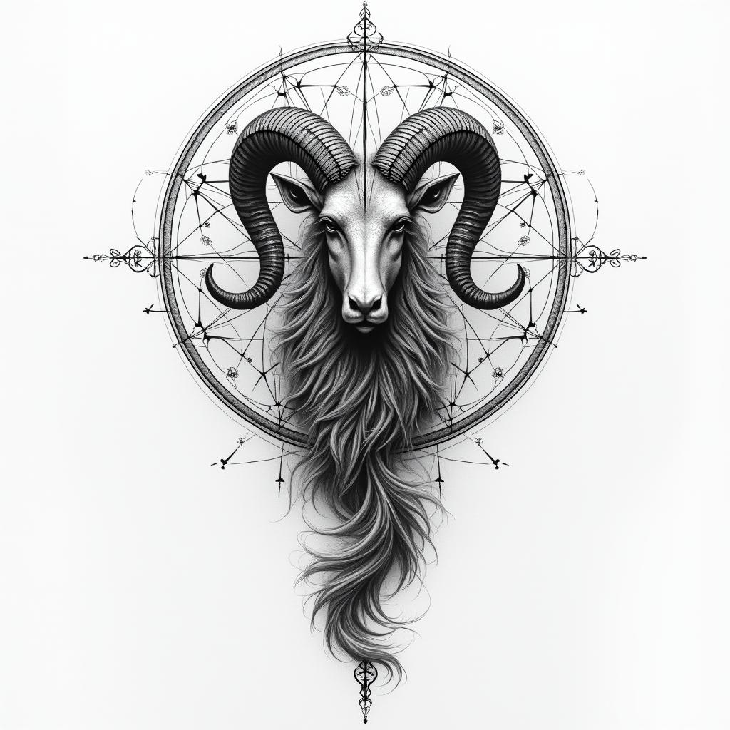 I want a tattoo for my back of Aries, that is symmetrical with geometric shapes or sketches in the style of Leonardo Da Vinci, surrounded by figures that symbolize the sweep of a radar, that inspire struggle, fire, warrior, strength, that is not very heavy and simple for a tattoo artist.in portrait tattoo style, featuring a highly realistic and detailed depiction - Variation 3