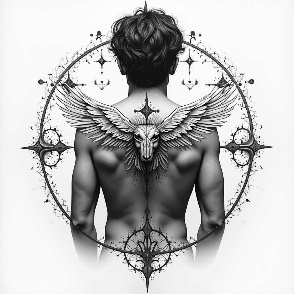 I want a tattoo for my back of Aries, that is symmetrical with geometric shapes or sketches in the style of Leonardo Da Vinci, surrounded by figures that symbolize the sweep of a radar, that inspire struggle, fire, warrior, strength, that is not very heavy and simple for a tattoo artist.in portrait tattoo style, featuring a highly realistic and detailed depiction - Variation 4