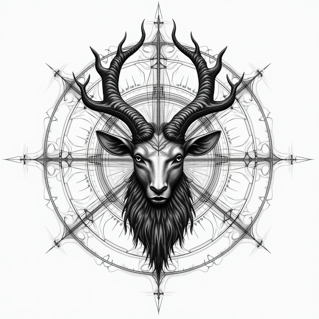 I want a tattoo for my back of Aries, that is symmetrical with geometric shapes or sketches in the style of Leonardo Da Vinci, surrounded by figures that symbolize the sweep of a radar, that inspire struggle, fire, warrior, strength, that is not very heavy and simple for a tattoo artist.in portrait tattoo style, featuring a highly realistic and detailed depiction - Variation 2