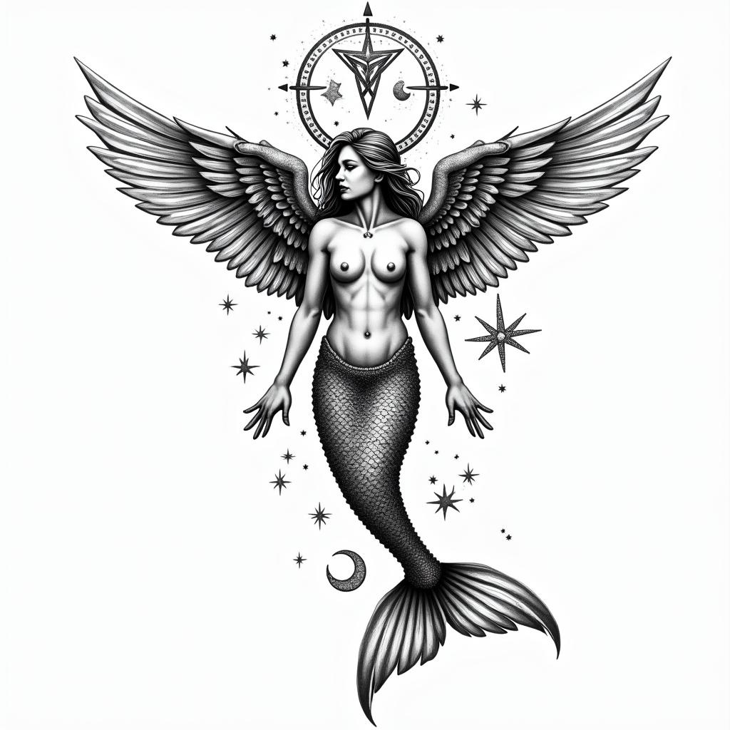 Angel mermaidin paganic style tattoo, featuring ancient symbols, add vegvisir symbol, mystical figures, incorporating designs, pentagrams, runes, crescent moons, - Variation 2