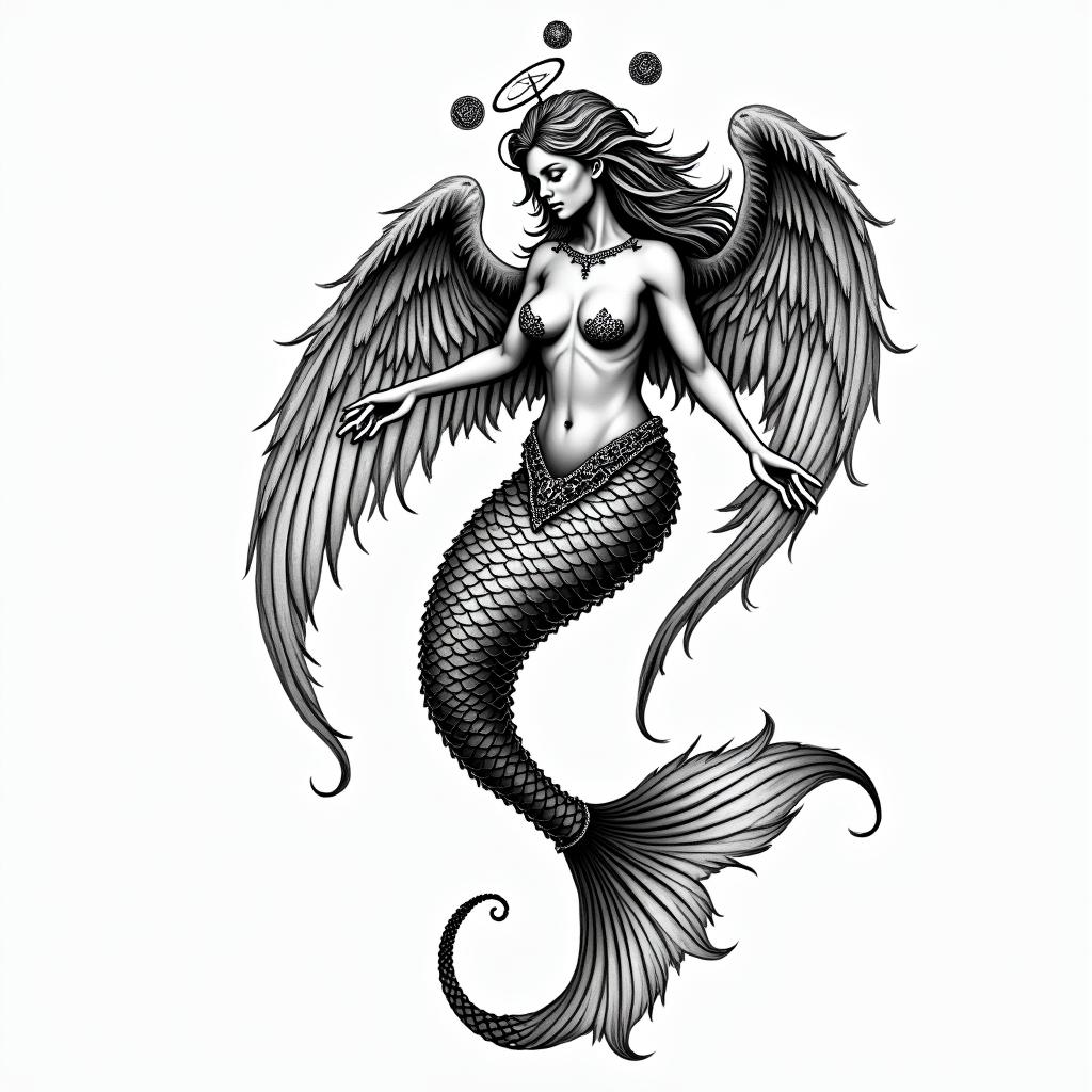 Angel mermaidin paganic style tattoo, featuring ancient symbols, add vegvisir symbol, mystical figures, incorporating designs, pentagrams, runes, crescent moons, - Variation 3