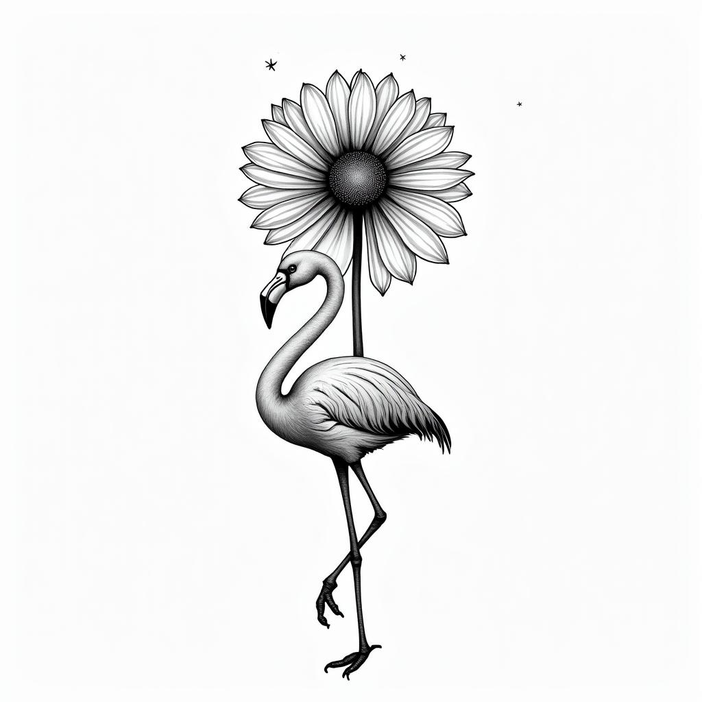 Dandelion tattoo blowing with the words just breathe and a flamingo beneath itin new school tattoo, pop culture, modern, detailed tattoo, illustrative