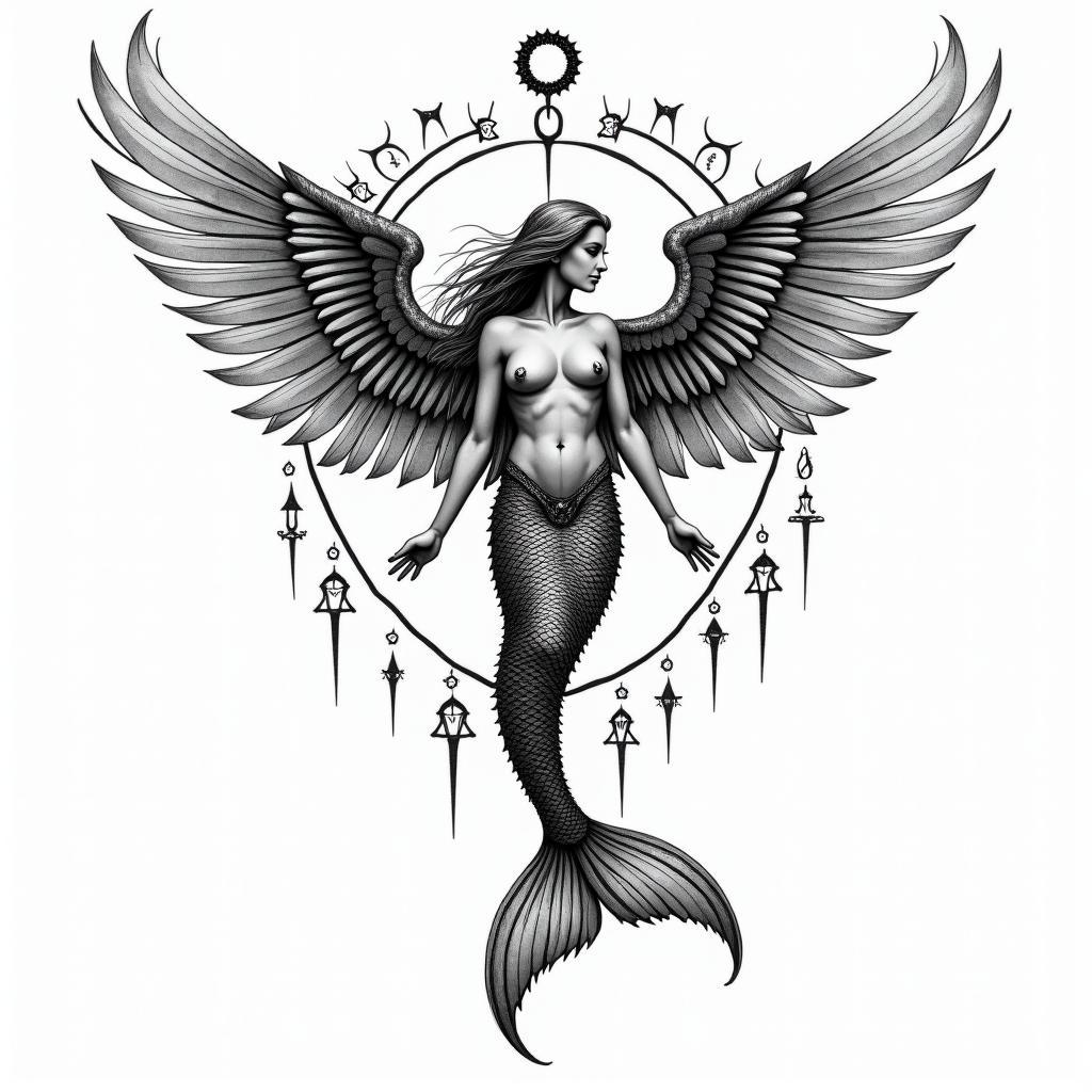 Angel mermaidin paganic style tattoo, featuring ancient symbols, add vegvisir symbol, mystical figures, incorporating designs, pentagrams, runes, crescent moons, - Variation 4