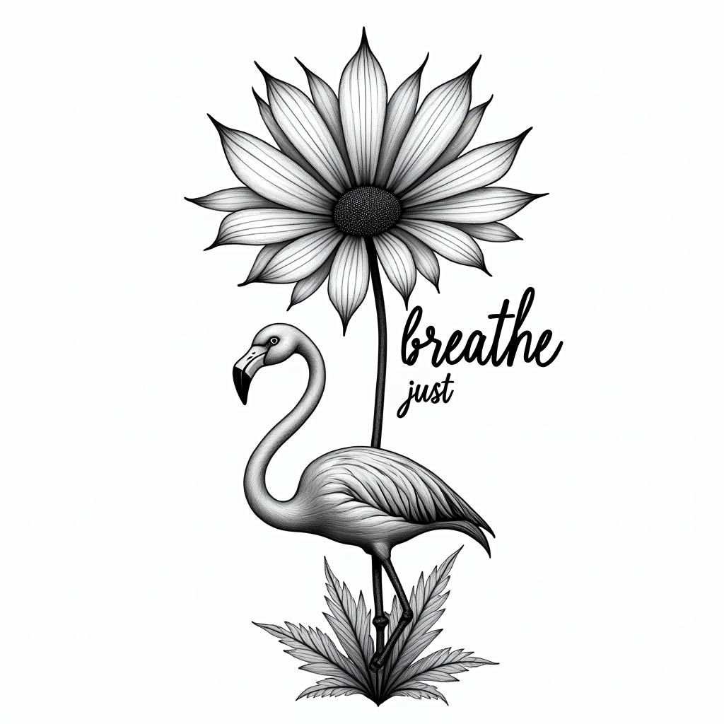 Dandelion tattoo blowing with the words just breathe and a flamingo beneath itin new school tattoo, pop culture, modern, detailed tattoo, illustrative - Variation 4