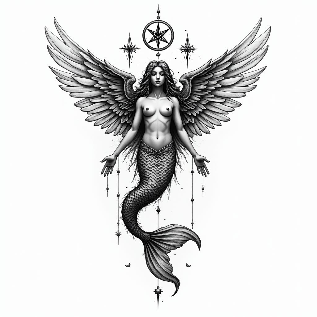 Angel mermaidin paganic style tattoo, featuring ancient symbols, add vegvisir symbol, mystical figures, incorporating designs, pentagrams, runes, crescent moons,