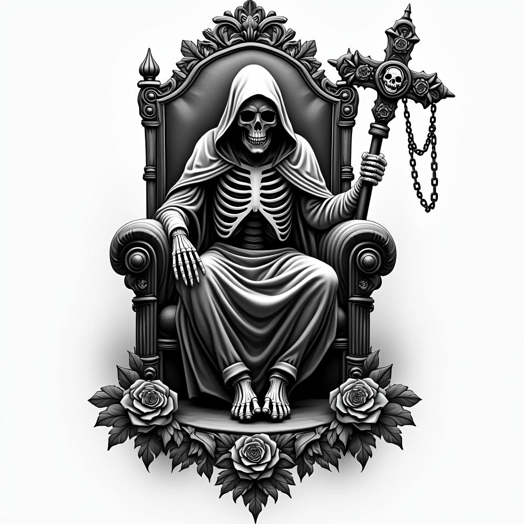 Grim reaper, skeleton, death, thronein chicano style tattoo, featuring intricate black and grey shading, bold elements of traditional chicano culture symbols, add a big cross with skull, chains and roses - Variation 2