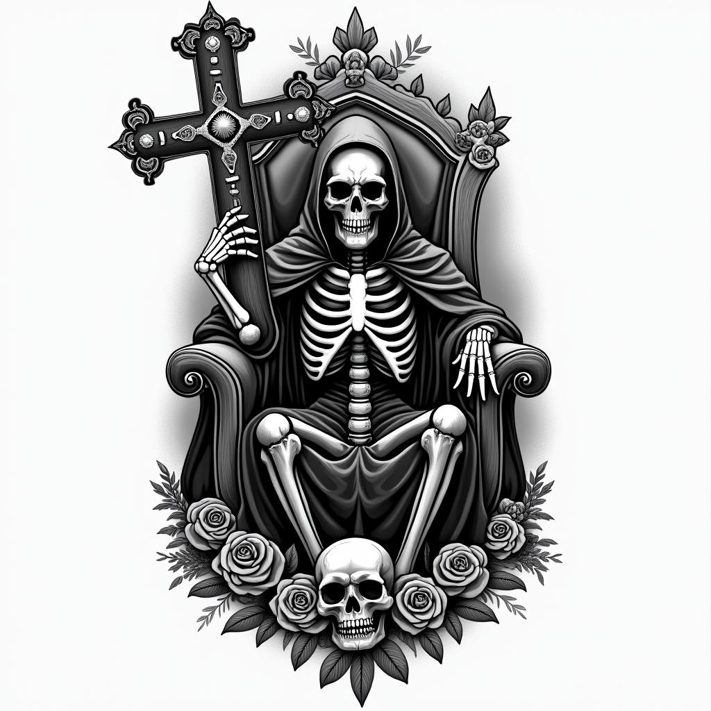 Grim reaper, skeleton, death, thronein chicano style tattoo, featuring intricate black and grey shading, bold elements of traditional chicano culture symbols, add a big cross with skull, chains and roses