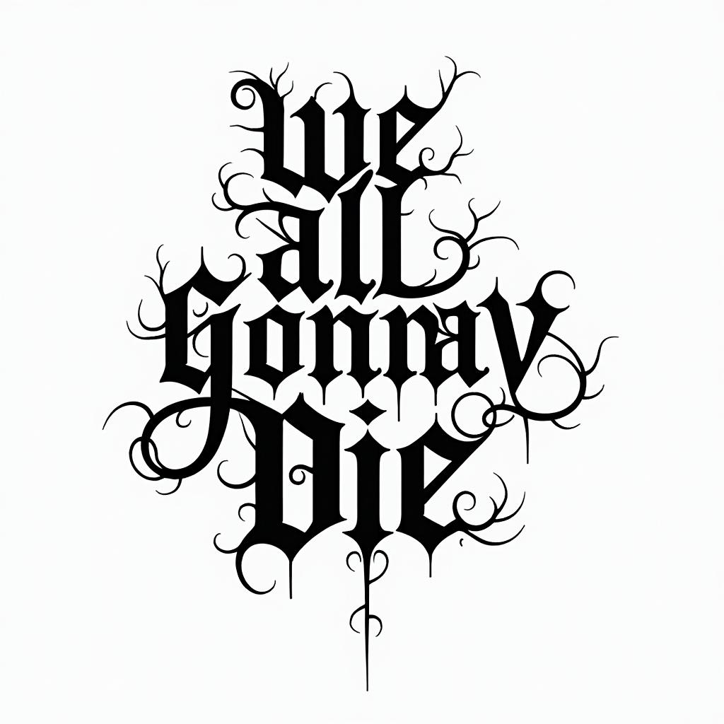 we all gonna dietext-based tattoo, gothic font ultra-realistic, perfectly placed, high-quality font design, photo-realistic shading, 8k, high quality, finely detailed typography - Variation 4