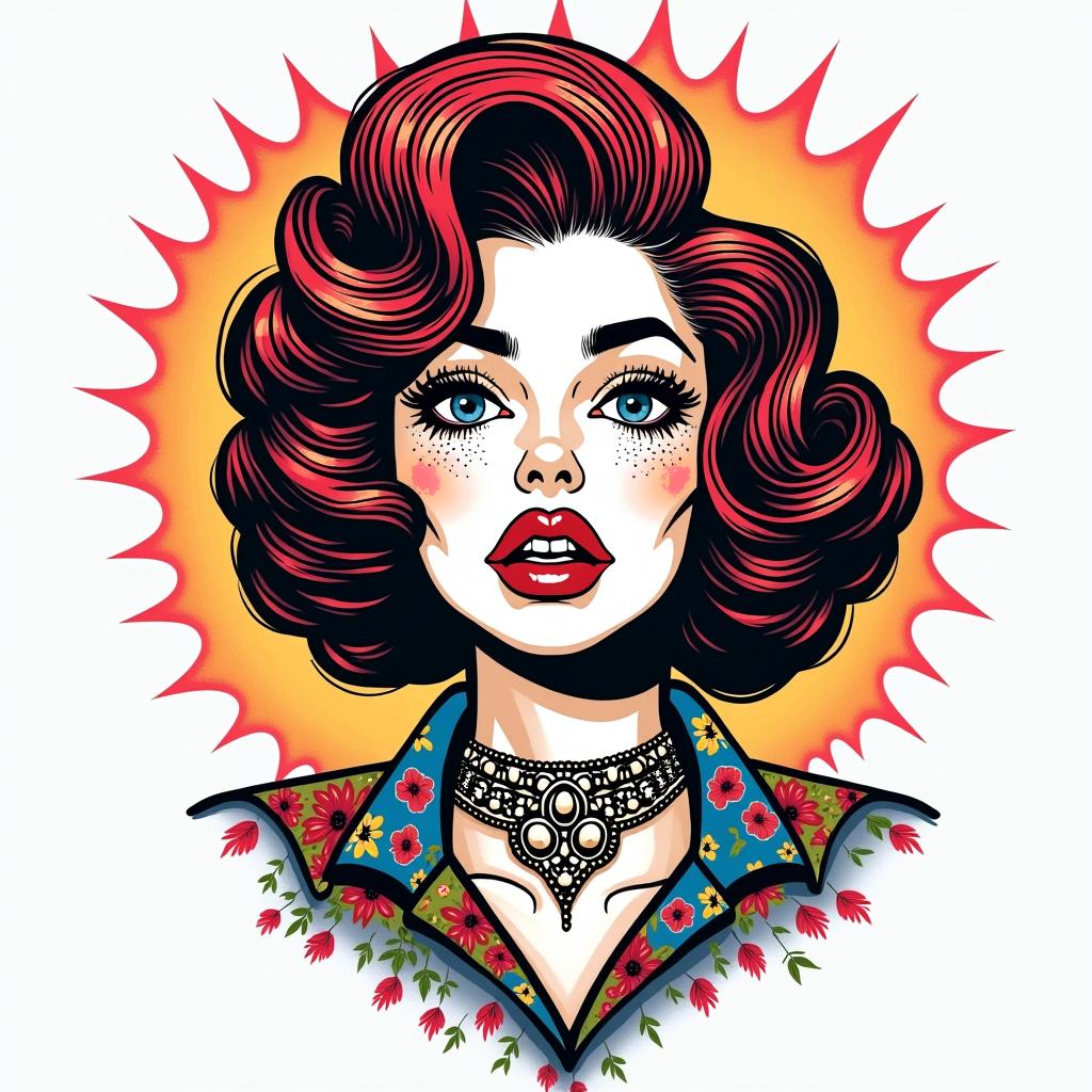 Tatiana Tauroin pop art style tattoo, featuring bold and vibrant colors, exaggerated outlines, iconic imagery, inspired by comic books and speech bubbles, comic book characters, retro pop culture - Variation 2