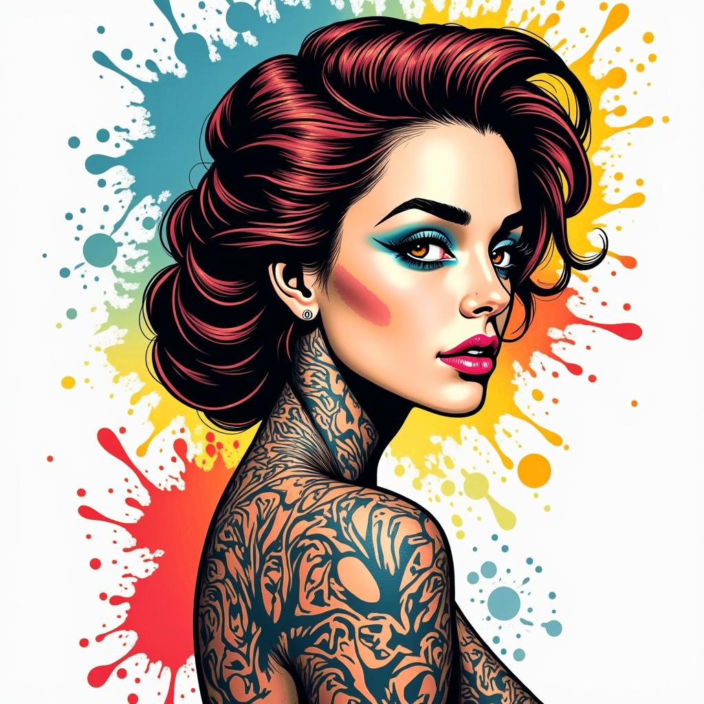 Tatiana Tauroin pop art style tattoo, featuring bold and vibrant colors, exaggerated outlines, iconic imagery, inspired by comic books and speech bubbles, comic book characters, retro pop culture