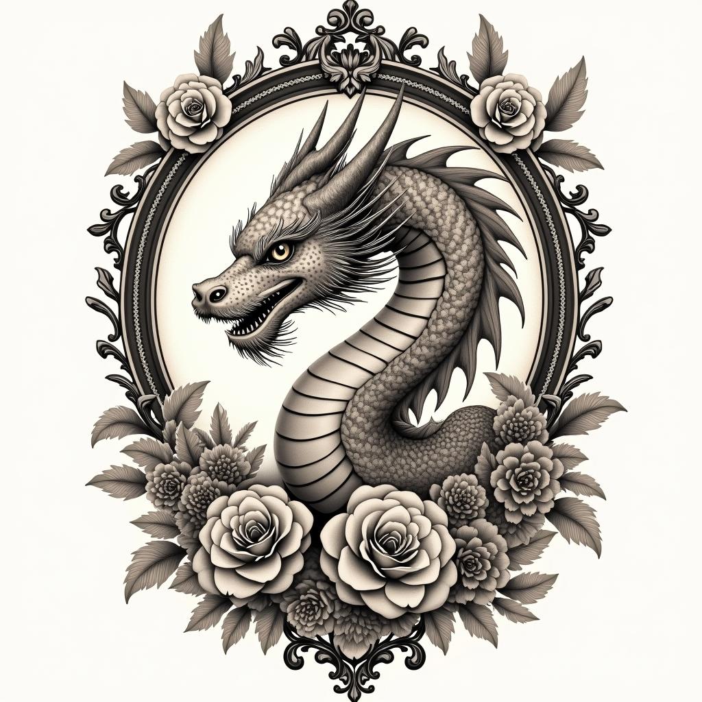 Japanese Dragonin victorian style tattoo, featuring vintage and elegant elements, ornate frames, roses, antique, sepia-toned color scheme - Variation 4