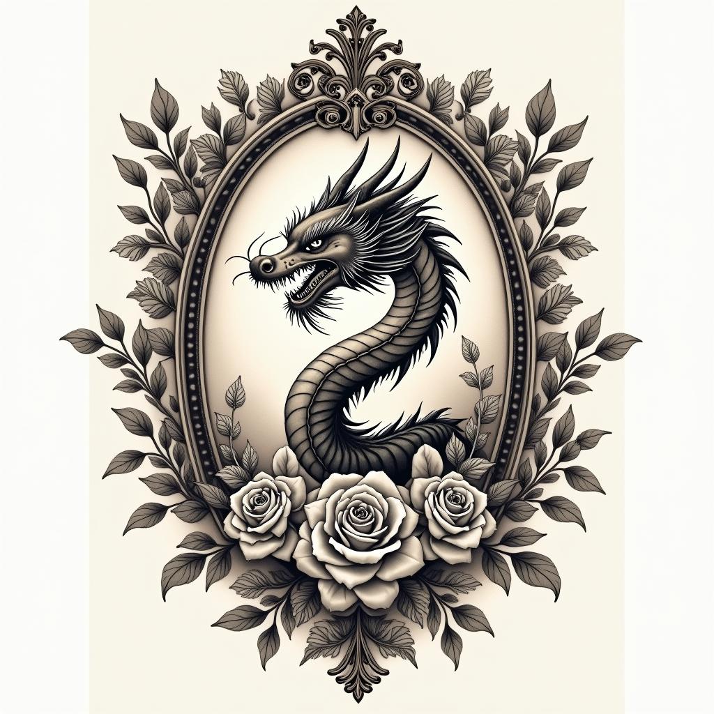 Japanese Dragonin victorian style tattoo, featuring vintage and elegant elements, ornate frames, roses, antique, sepia-toned color scheme - Variation 2