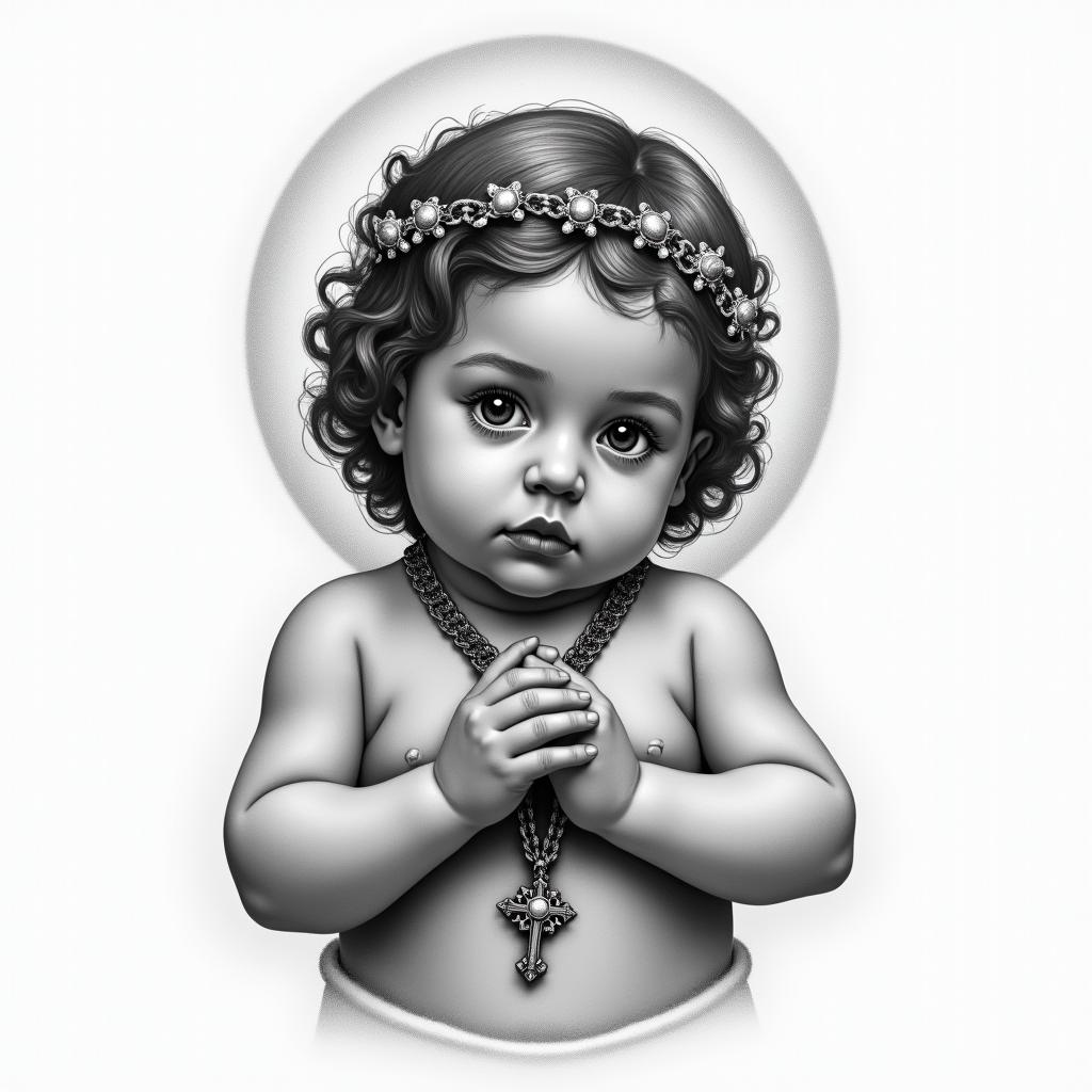 Baby Jesus holding a rosaryin portrait tattoo style, featuring a highly realistic and detailed depiction 