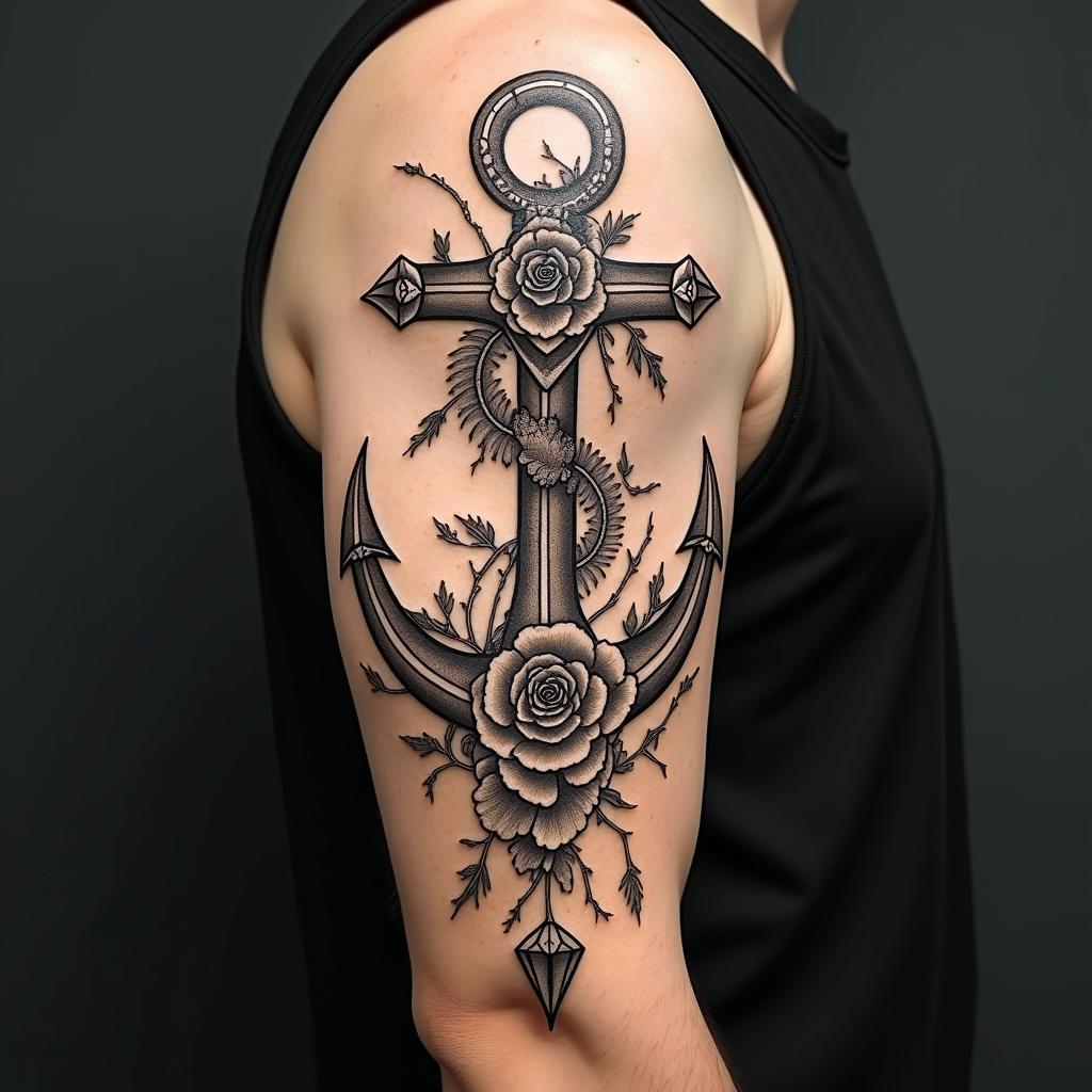 Anchor entwined with roses and thornsin dotwork style tattoo, complex mandala patterns, interlocking geometric shapes with sharp symmetry, clean lines, sharp angles - Variation 3