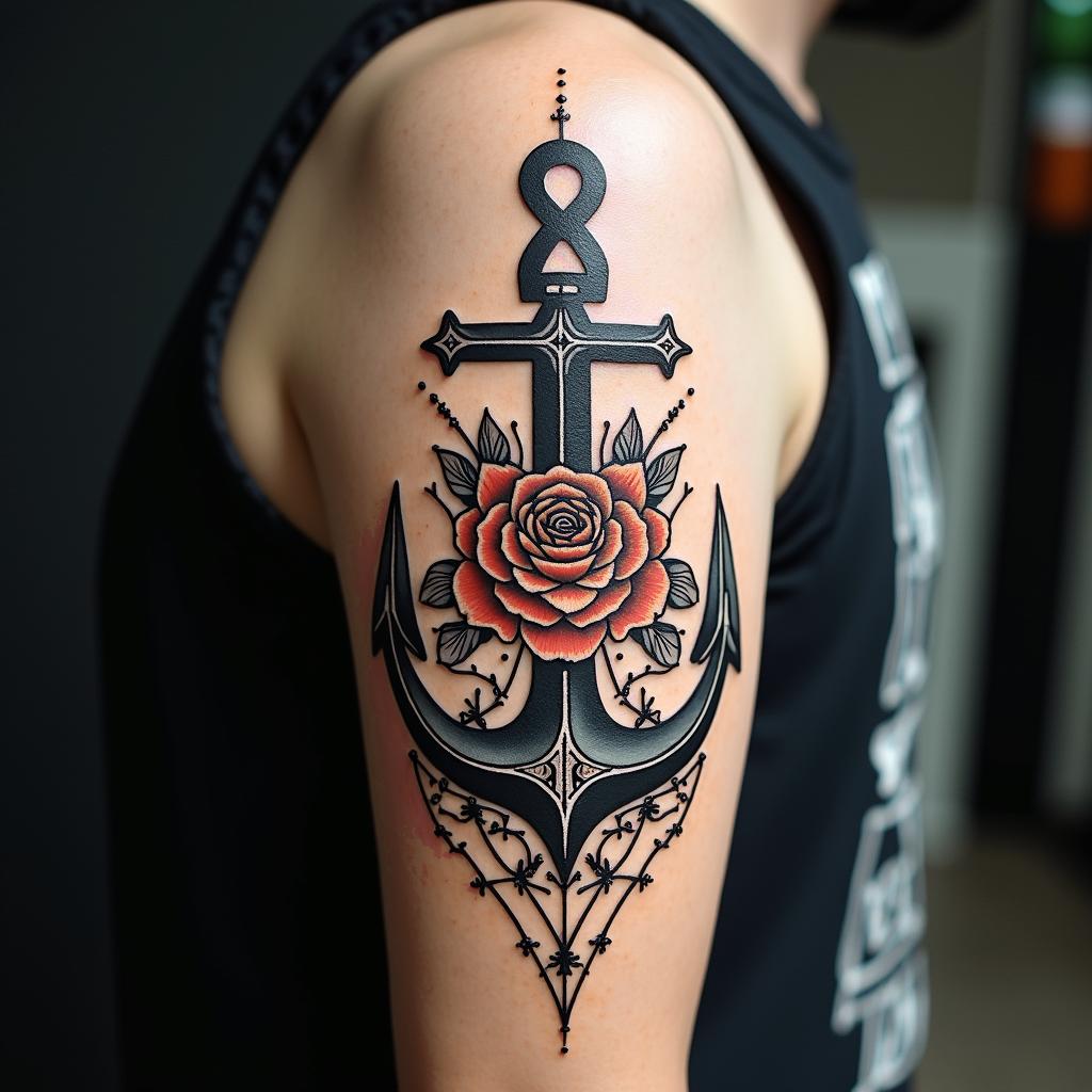 Anchor entwined with roses and thornsin dotwork style tattoo, complex mandala patterns, interlocking geometric shapes with sharp symmetry, clean lines, sharp angles