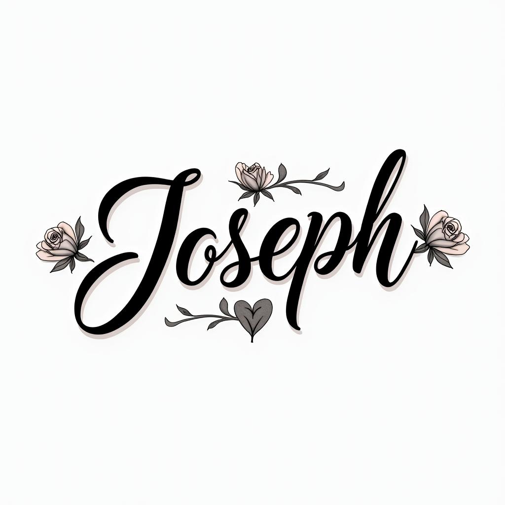 Josephin elegant cursive calligraphy style 2d tattoo, decorate with roses, featuring a smooth and flowing handwritten script with slightly thickened strokes for a luxurious and bold appearance, heart symbol between names, sleek and glossy black text with shadowing, minimalist matte white background, clean and sharp edges, illuminated with soft lighting, romantic, 8k, high-quality textures with refined typography - Variation 3