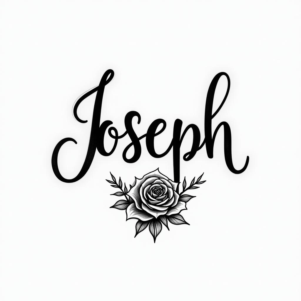Josephin elegant cursive calligraphy style 2d tattoo, decorate with roses, featuring a smooth and flowing handwritten script with slightly thickened strokes for a luxurious and bold appearance,  heart symbol between names,  sleek and glossy black text with shadowing, minimalist matte white background, clean and sharp edges, illuminated with soft lighting, romantic, 8k, high-quality textures with refined typography