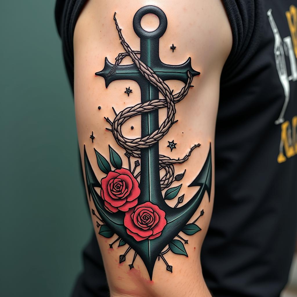 Anchor entwined with roses and thornsin graffiti style tattoo, featuring bold and dynamic street art elements, spray-paint texture with exaggerated lines and expressive, chaotic brushstrokes, intricate lettering incorporated with graffiti tags, symbols like hearts, stars, and wings - Variation 3