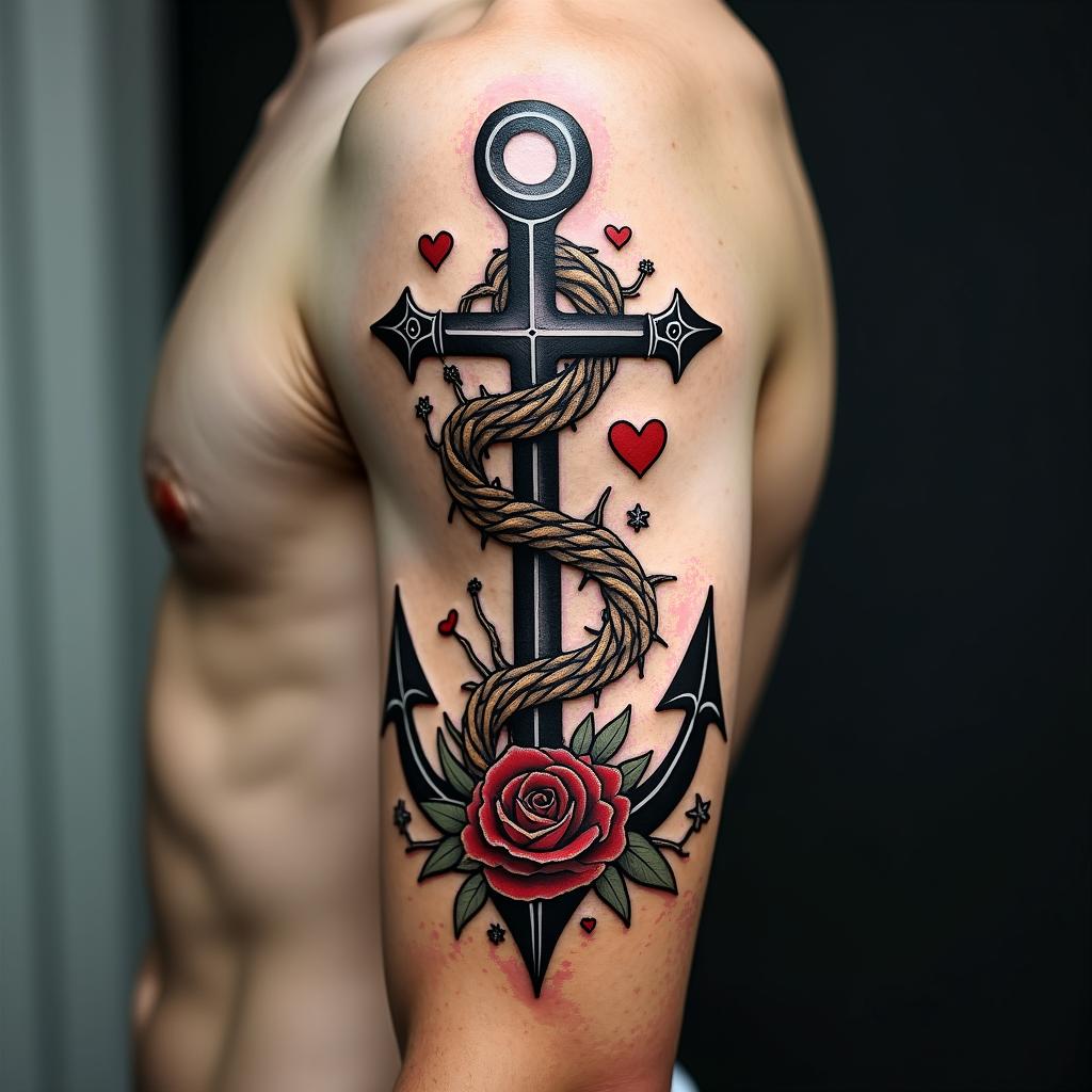 Anchor entwined with roses and thornsin graffiti style tattoo, featuring bold and dynamic street art elements, spray-paint texture with exaggerated lines and expressive, chaotic brushstrokes, intricate lettering incorporated with graffiti tags, symbols like hearts, stars, and wings