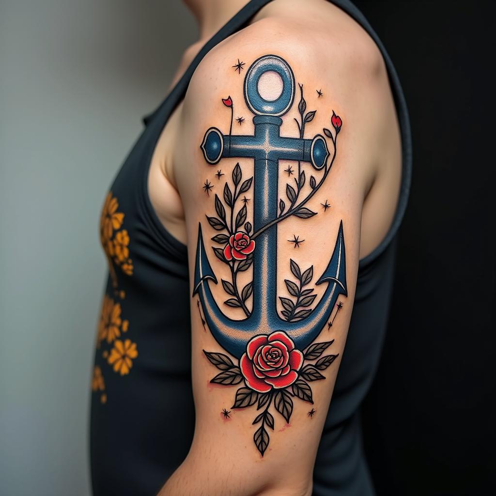 Anchor entwined with roses and thornsin graffiti style tattoo, featuring bold and dynamic street art elements, spray-paint texture with exaggerated lines and expressive, chaotic brushstrokes, intricate lettering incorporated with graffiti tags, symbols like hearts, stars, and wings - Variation 2