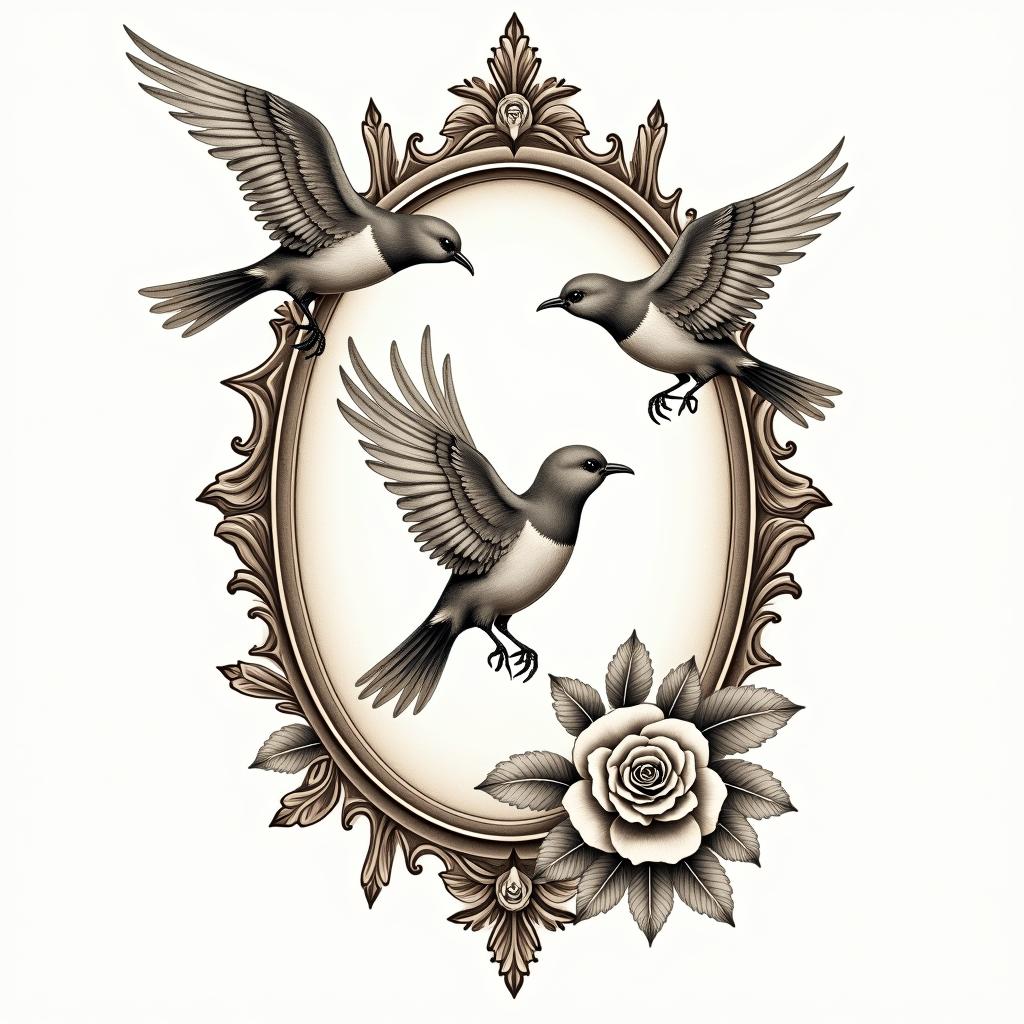 “It’s a leap of faith” birds flyingin victorian style tattoo, featuring vintage and elegant elements, ornate frames, roses, antique, sepia-toned color scheme - Variation 2