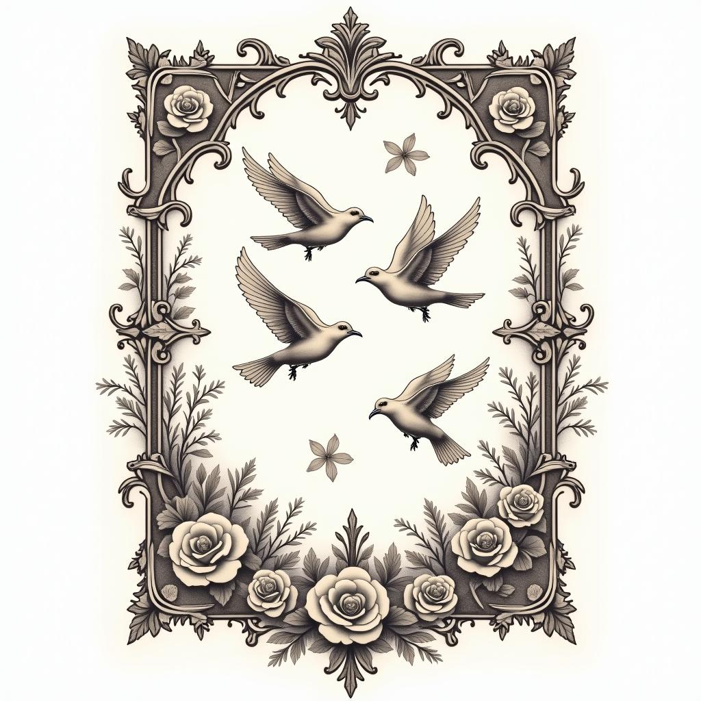 “It’s a leap of faith” birds flyingin victorian style tattoo, featuring vintage and elegant elements, ornate frames, roses, antique, sepia-toned color scheme - Variation 4