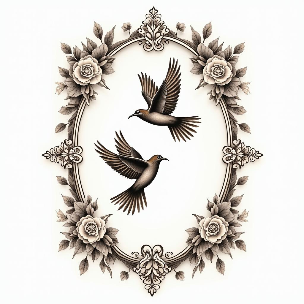 “It’s a leap of faith” birds flyingin victorian style tattoo, featuring vintage and elegant elements, ornate frames, roses, antique, sepia-toned color scheme
