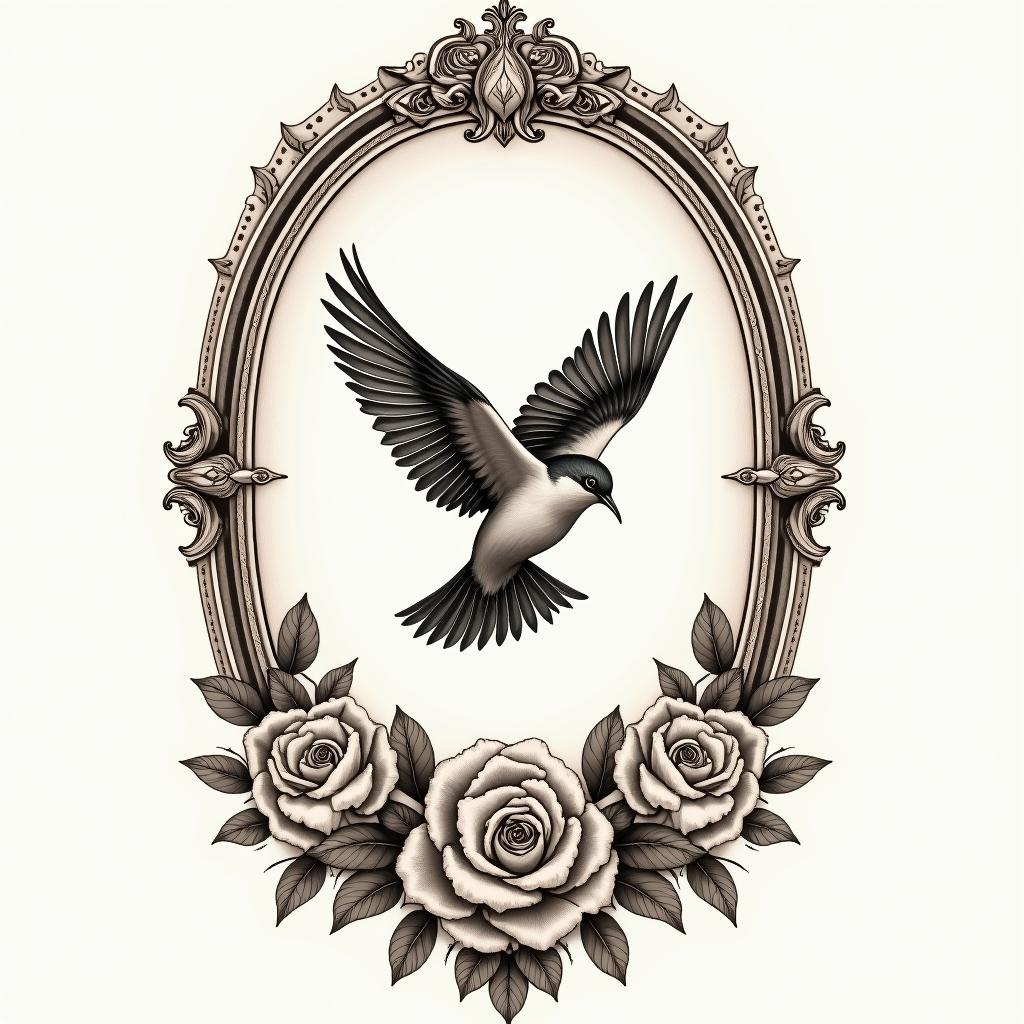 “It’s a leap of faith” birds flyingin victorian style tattoo, featuring vintage and elegant elements, ornate frames, roses, antique, sepia-toned color scheme - Variation 3