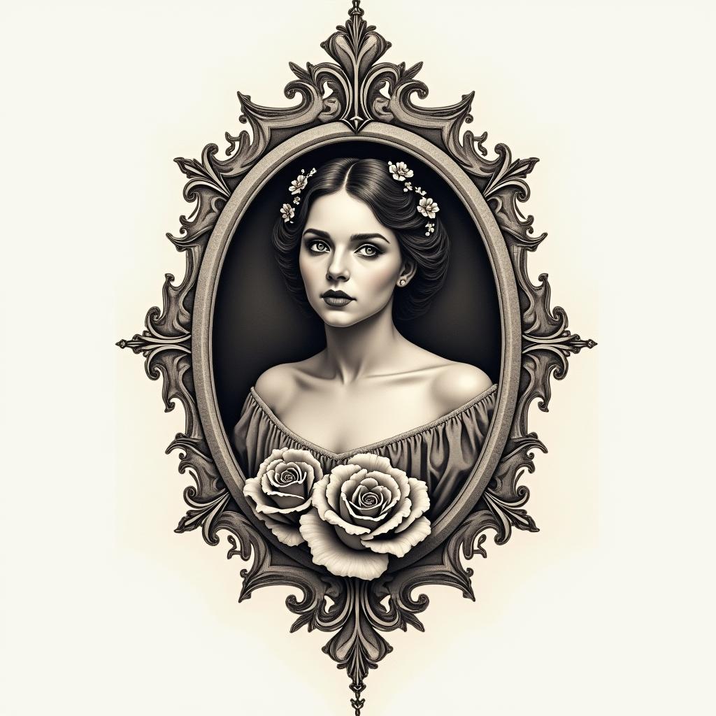 Stoicismin victorian style tattoo, featuring vintage and elegant elements, ornate frames, roses, antique, sepia-toned color scheme - Variation 2