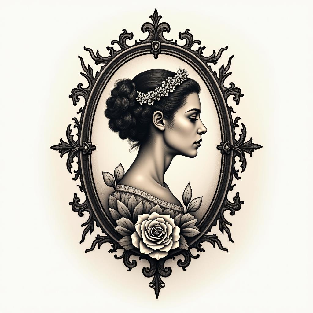 Stoicismin victorian style tattoo, featuring vintage and elegant elements, ornate frames, roses, antique, sepia-toned color scheme - Variation 3