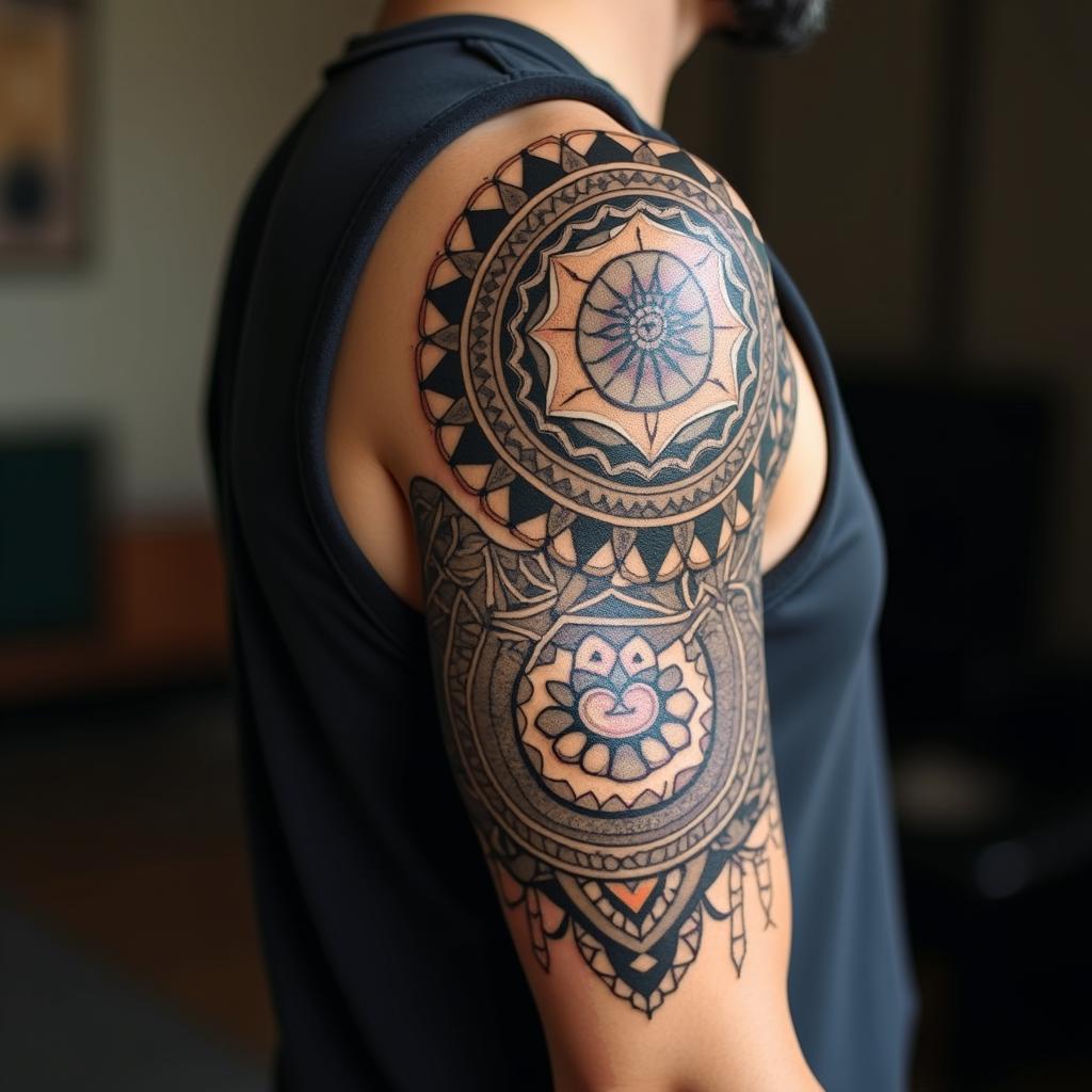 Tools mechanic in geometric style tattoo, blending hexagons, mandala-inspired patterns, symmetrical and fractal design, clean lines, sharp angles