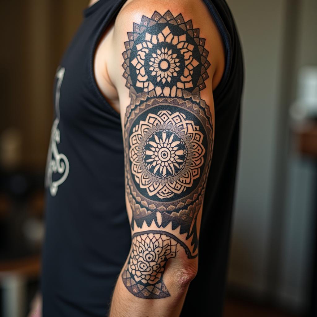 Tools mechanic in geometric style tattoo, blending hexagons, mandala-inspired patterns, symmetrical and fractal design, clean lines, sharp angles - Variation 4