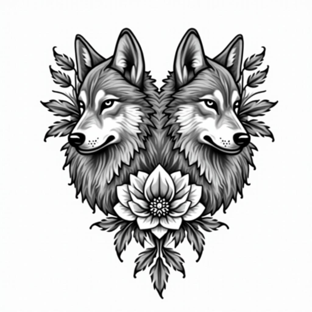 Wolvesin ornamental tattoo style, featuring intricate symmetrical patterns and floral designs, showcasing highly detailed line work and geometric shapes, creating a sense of elegance and balance