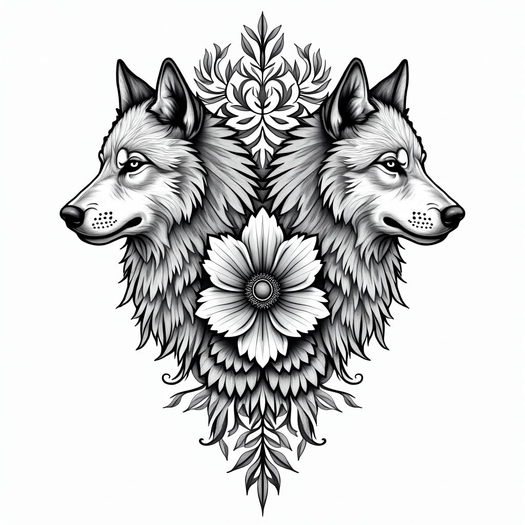 Wolvesin ornamental tattoo style, featuring intricate symmetrical patterns and floral designs, showcasing highly detailed line work and geometric shapes, creating a sense of elegance and balance - Variation 3